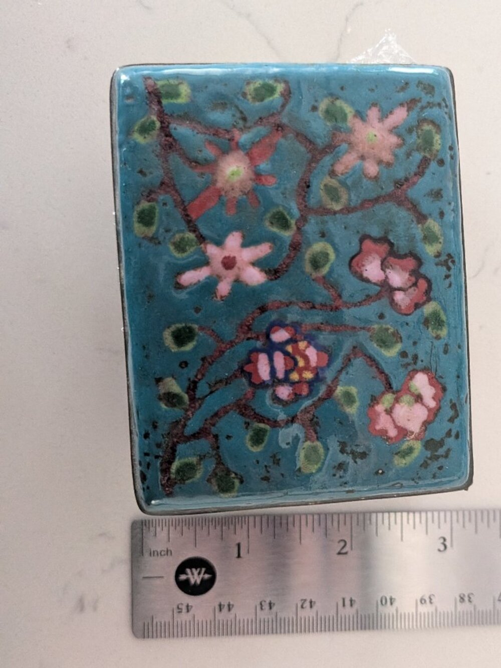 ANTIQ Chinese Canton Enamel Peony Trinket Box & Catchall Tray Set Boho Decor 3pc - Picture 6 of 16